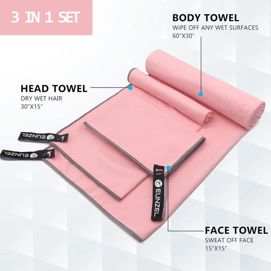 Eunzel Quick Dry Camping Towel, Microfiber Travel Towel 3 Size at 1 Pack,Fast Drying Towel Set for Camping, Beach, Gym, Sports, Yoga & Swimming Pool, Pink