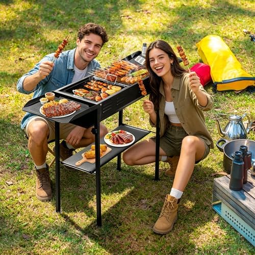 Portable Charcoal BBQ Grill, Foldable Smoker Tall Barbecue Grill Charcoal Outdoor Lightweight for Cooking Camping Hiking Picnics Tailgating Backpacking Garden Beach Party (47"L x 30.31"H)