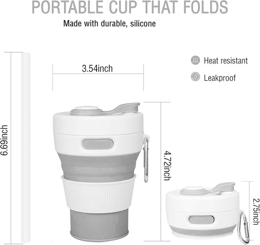 Silicone Collapsible Travel Mug Gray 15oz / 450ml - Leak-Proof Reusable Silicone Water Bottle for Hot and Cold Beverages - Travel Office and Home - Dishwasher Safe - Straw Included