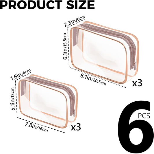 AURUZA 6 Pack Travel Toiletry Bag, Clear Makeup Bag, TSA Approved Cosmetic Bag with Zipper, Clear Organizer Carry on Bag for Women, PVC Cosmetic Pouch (Rose Pink, 6 Packs)
