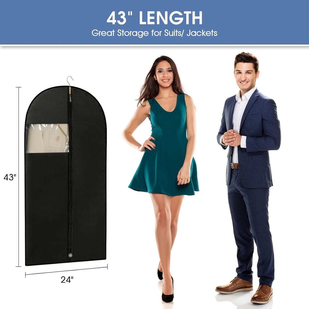 Suit Bags for Closet Storage, 43'' Garment Bags for Hanging Clothes, Suit Garment Bag, Black Suit Cover Bags with Clear Window for Coats, Jackets, Shirts(5 Packs)