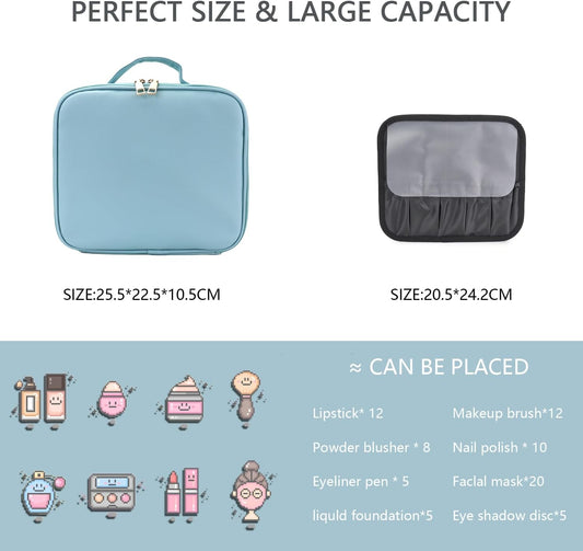 Makeup Bag with Led Mirror,Travel Makeup Organizer with 3 Color Setting & 10X Magnifying Mirror, Portable Storage and Adjustable Dividers Travel Makeup Bag-baby blue