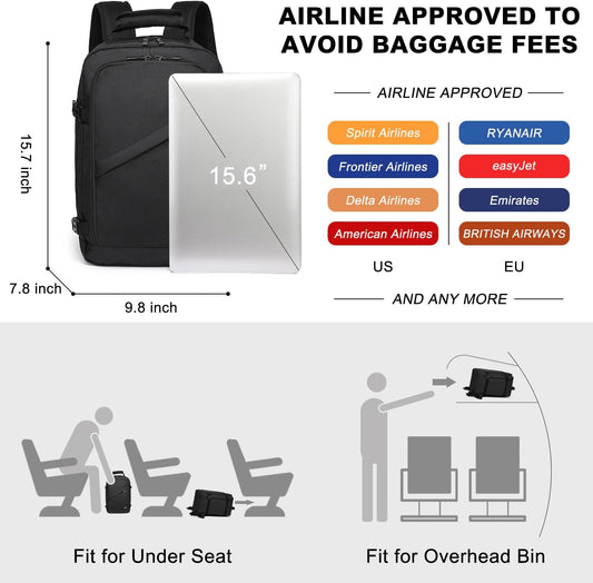 Kono Carry on Backpack, 16" Airplane Approved Under Seat Travel Backpack for Men and Women, Waterproof Lightweight Daypack for Flight 20L (Black, Small)