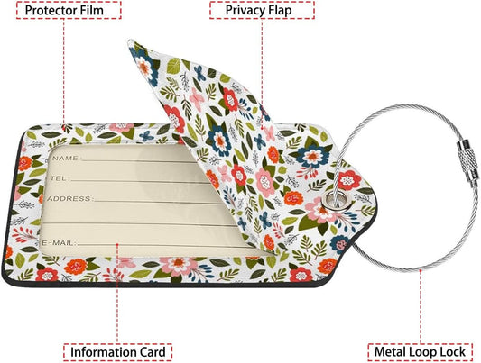Blooming Flower Luggage Tags for Suitcases,2 Pack Luggage Tag, Leather Stainless Steel Loop Label Tag for Women Girl Travel Bag Suitcase
