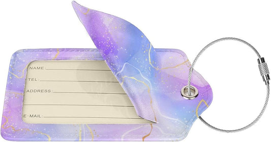 2Pcs Light Purple Blue Leather Luggage Tags with Golden and White Lines for Women Girls Travel, Pretty Abstract Lavender Violet Watercolor Marble Name ID Identifier Labels for Suitcase Baggage Bag