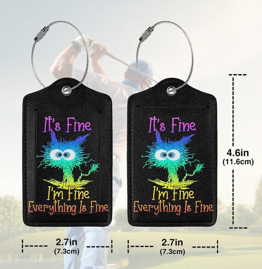 2 Pack Luggage Tags for suitcases Cute Funny I'm Fine It's Fine Color Luggage Tag, Leather Stainless Steel Loop Label Tag for Men Women Travel Bag Suitcase(Black Laser)