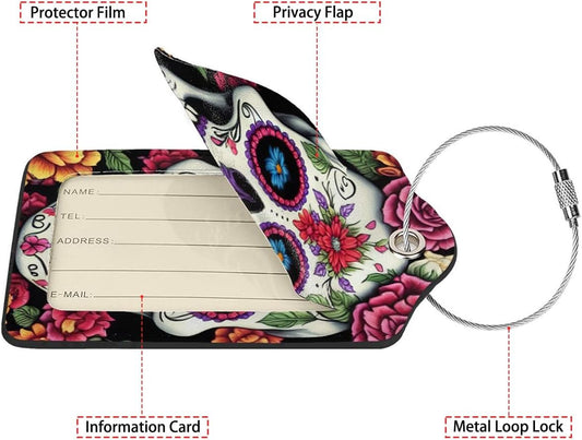 Skull Flower Diamond Art Luggage Tags for Suitcases,2 Pack Luggage Tag, Leather Stainless Steel Loop Label Tag for Women Girl Travel Bag Suitcase