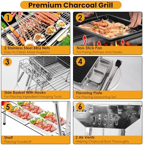Portable Charcoal Grill, Large Stainless Steel Folding BBQ Grill with Storage Shelf, Foldable Barbecue Grill for Outdoor Cooking Camping Hiking Backyard Garden Picnic Parties Kabob (39x13.4x28 Inch)