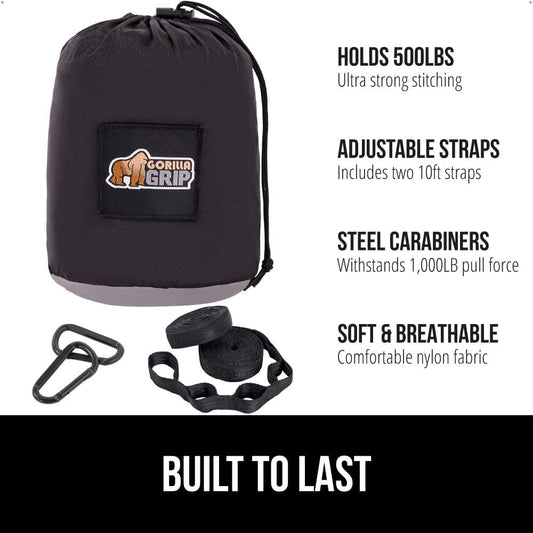 GORILLA GRIP Durable Portable Camping Hammock, Holds 500lbs with Heavy Duty Tree Straps, Comfortable Travel Swing, Camp Hammocks, Easy to Use and Install, Outdoor Essentials, Black, 10x6.5 FT