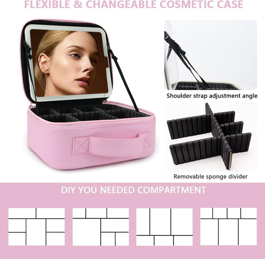 Travel Makeup Bag,with Mirror 3 Color Setting and Detachable 10x Magnifying Mirror Travel Makeup Bag,Portable Storage and Adjustable Dividers(Light Pink)