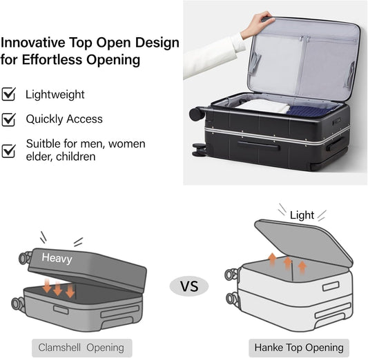 Hanke Top Opening 24 Inch Luggage with Spinner Wheels, Aluminum Frame All-PC Hard Shell Medium Suitcase, Zipperless Trunk Wide Handle Luggage, TSA Checked-Medium(Jet Black, 69L)