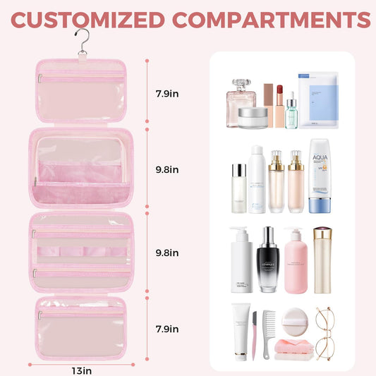 Toiletry Bag For women,Portable Hanging Organizer,4 Leakproof Compartment for full-sized Conditioner, Brushes Set, Makeup Accessories,Visible and easy to access.L-pink