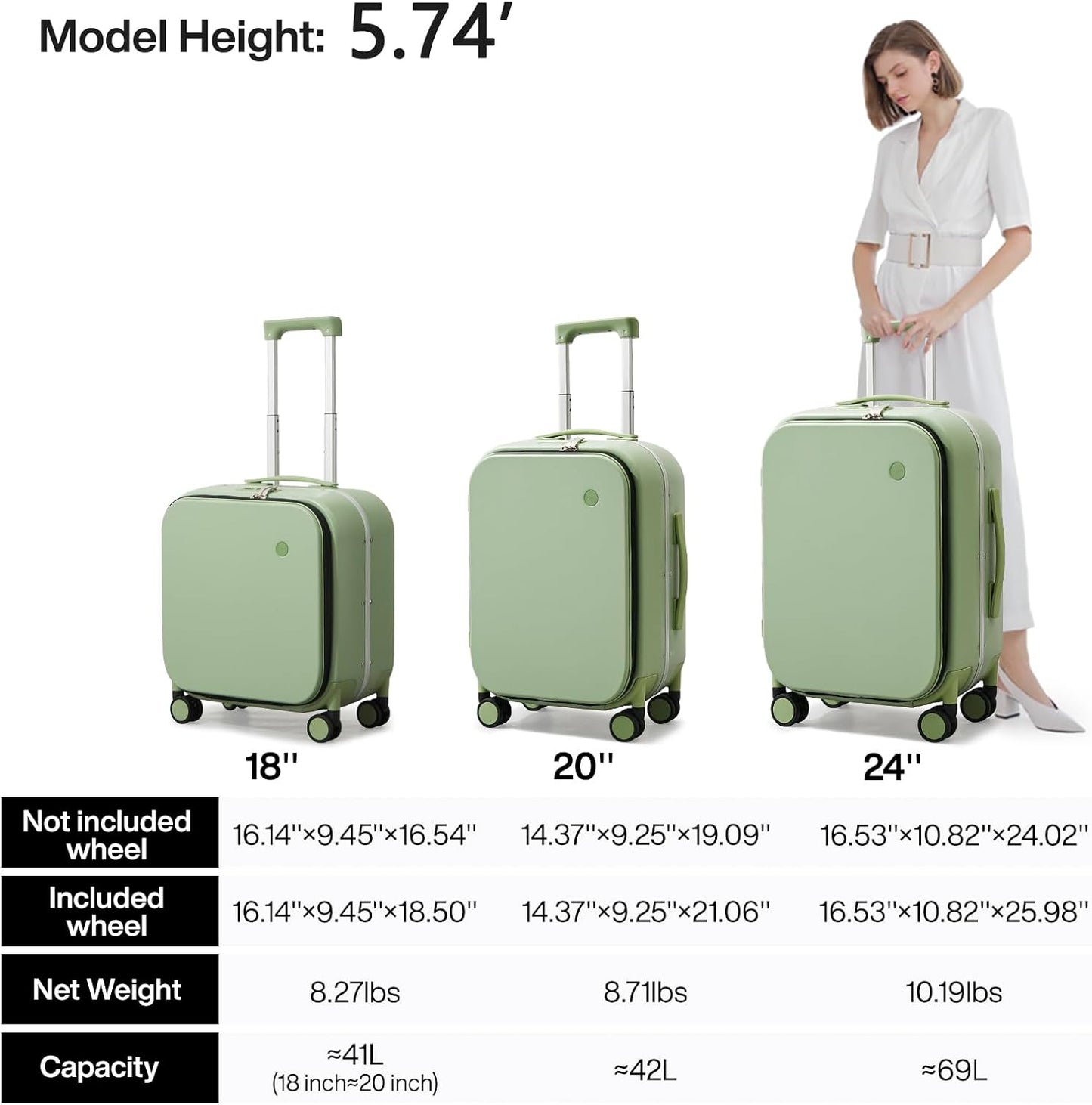 mixi Carry On Luggage, 20'' Suitcase with Front Laptop Pocket, Travel Rolling Luggage Aluminum Frame PC Hardside with Spinner Wheels & TSA Lock and Cover - Avocado Green