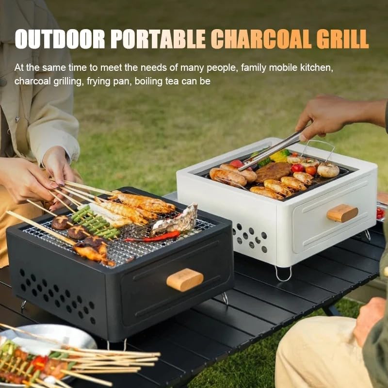 Portable Charcoal BBQ Grill Stove – Smokeless Outdoor Cooking for Camping & Tailgating, Yakitori Grill, Skewers, Easy Drawer Style, Pan and Grill Included Black (Black)