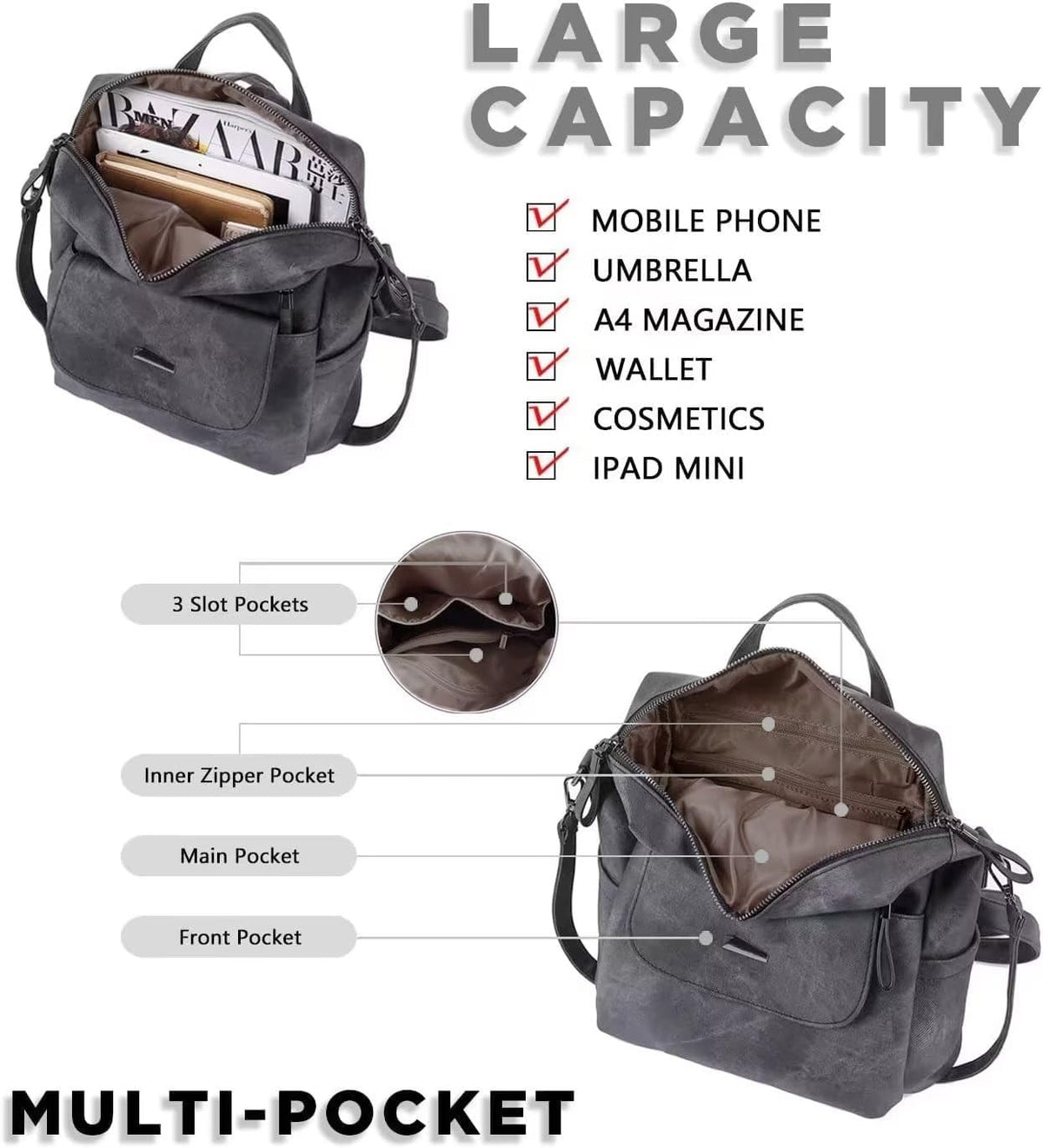 PU Leather Backpack Purse for Women Fashion Multipurpose Design Handbag Ladies Shoulder Bags Travel Backpack Coffee