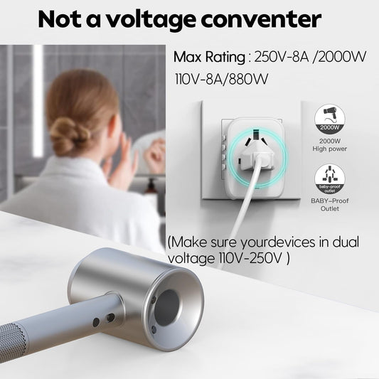 JMFONE International Power Plug Adapter, Universal Travel Adapter with 2 USB-C & 2 USB-A Ports and Multi AC Sockets, All-in-One Worldwide Travel Outlet Charger Adapter for EU US UK AU 200+ Countries