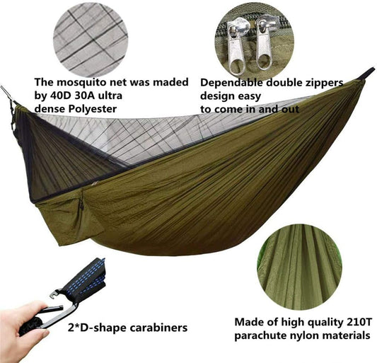 Camping Hammock with Rain Fly Tarp and Mosquito Net with Tree Straps,1/2 Person Portable Hammocks with Rain Cover for Indoor Outdoor Backpacking Hiking Travel Yard Activities Green