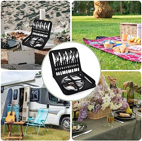 Camping Silverware Kit Cutlery Organizer Utensil Picnic Set Stainless Steel Plate Spoon Clip and Serrated Knife Wine Opener Fork Napkin Hiking - Camp Kitchen BBQ’s