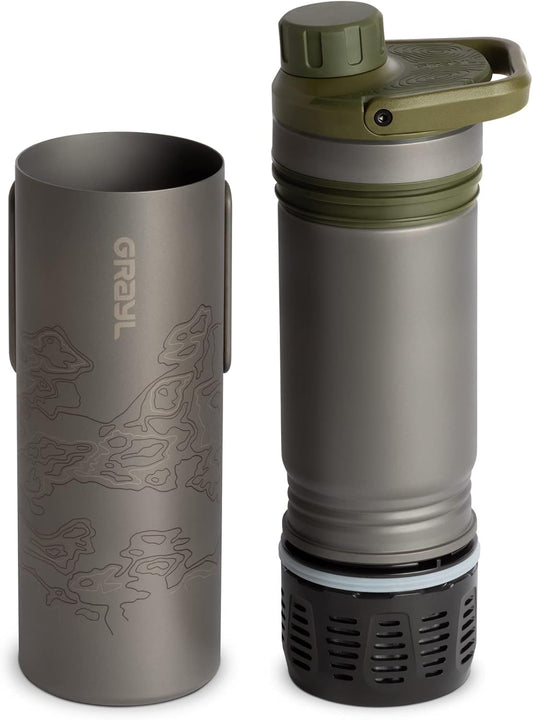 GRAYL UltraPress Titanium 16.9 oz Water Purifier & Filter Bottle for Hiking, Backpacking, Survival, Bushcraft, Travel (Olive Drab)