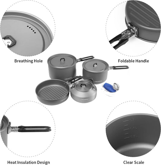 Fire-Maple Feast 4 Piece Camping Cookware Cookware Cookware Kit Outdoor Cookware Set with Pots, Kettle, Saucepans and Spatula for Hiking Fishing Picnic