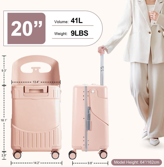 MRPLUM Ride On Luggage with Seat for Kids&Adults with Seat Belt,Hard Shell Lightweight Rolling Spinner Wheels Travel Luggage with TSA Lock,20 inch,Pink