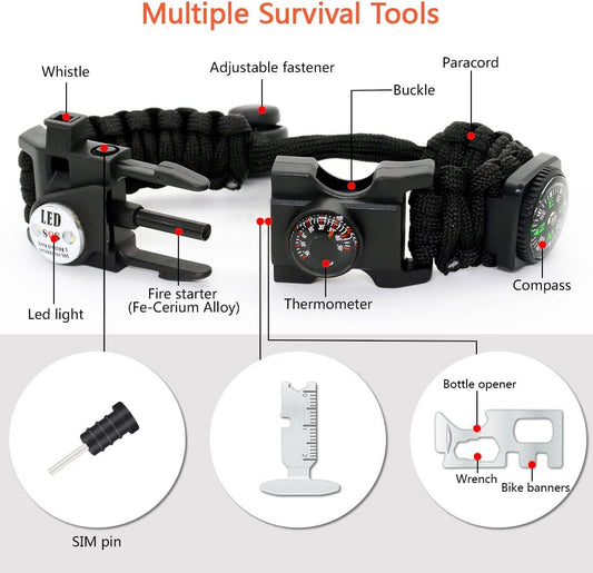 20 in 1 Survival Paracord Bracelet Adjustable Gear Kit with SOS LED Light, Fire Starter, Bigger Compass, Survival Whistle, Perfect for Camping, Hiking, Fishing