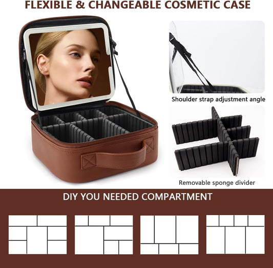 Travel Makeup Bag for Women and Makeup Artists Cosmetic Organizer Large Makeup Case,Travel Makeup Bag with Mirror 3 Color Setting,Portable Storage and Adjustable Dividers(Dark brown)