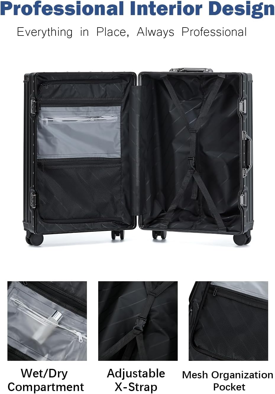 HotWay 26 Inch Aluminum Frame Luggage with Spinner Wheels, PC Hard Shell Suitcase with Cup Holder, Zipperless Luggage for Business Travel, Black