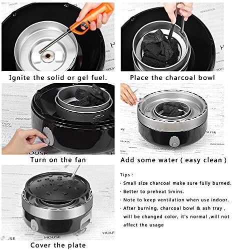 Portable Charcoal Outdoor BBQ Grill For Camping With Travel Bag - Small Tabletop Smoke & Smokeless Pan Optional - Built In Electric Fan Power Supplied By Battery Charger Or Power Bank. (Luxury Black)