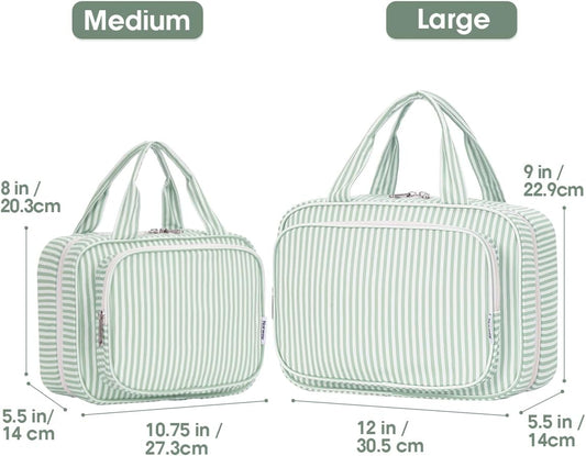 Narwey Striped Travel Toiletry Bag for Women Large Hanging Makeup Bag Organizer Toiletries Bag for Full Size Essentials Accessories Cosmetics (Mint Green Stripe (Large))