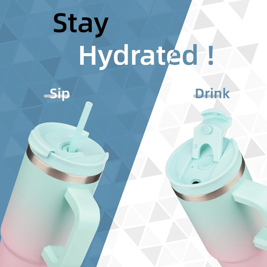 40 oz Tumbler with Handle and 2 Straws,2 in 1 Lid Insulated Water Bottle Stainless Steel Travel Coffee Mug,Gum