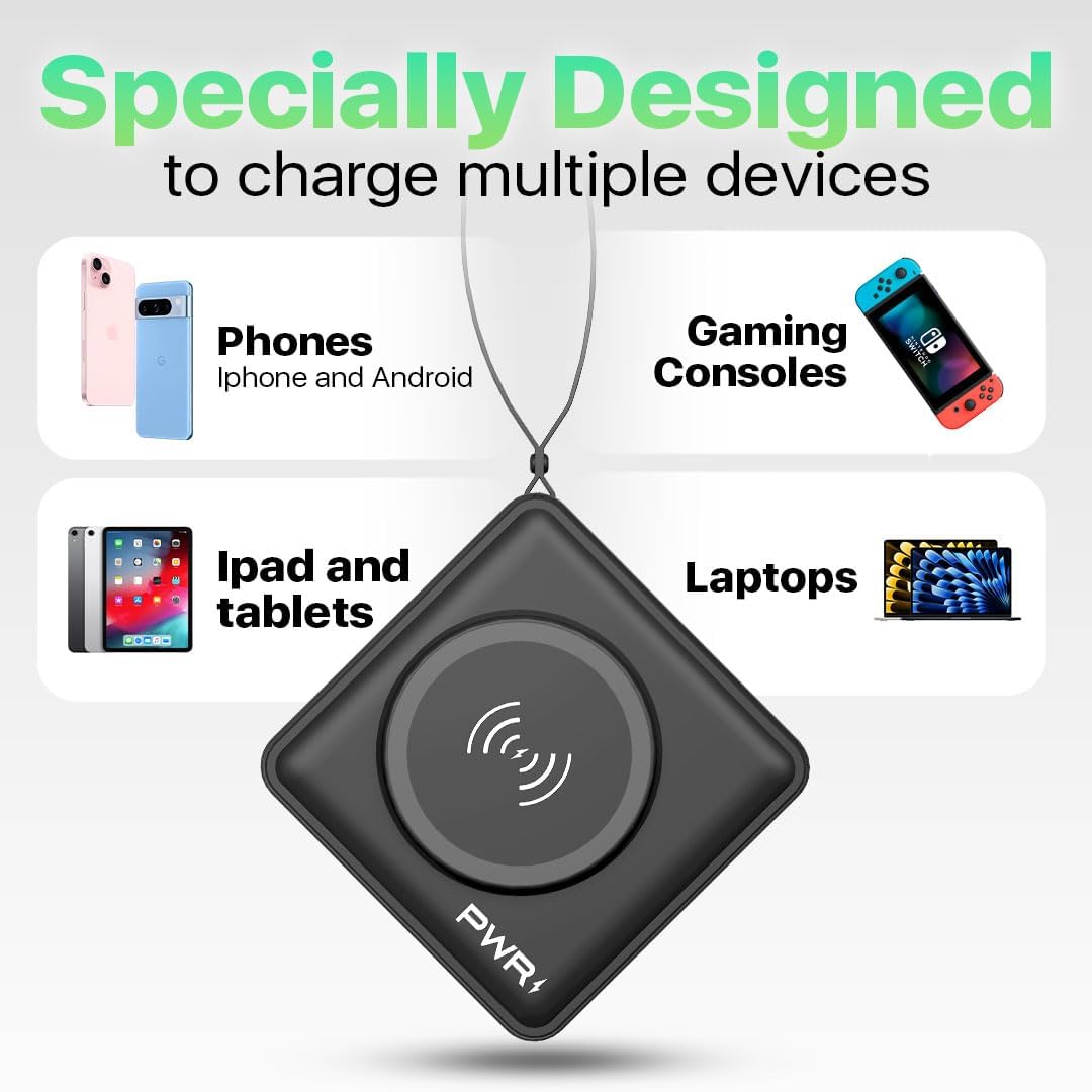 PWR Travel PRO 5-in-1 Power Bank with Case Included – 10,000mAh with Built-in Cables – 20W USB-C + 15W Wireless Charging – Compact Portable Charger for iPhone & Android- Black