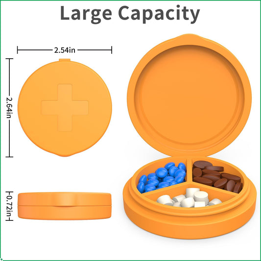 2 Pack Small Pill Box,3 Compartment Round Silicone Travel Pill Box for Purse Pocket, Waterproof Portable Compact Medicine Holder for Vitamin, Cod Liver Oil, Supplement(Orange+Yellow)
