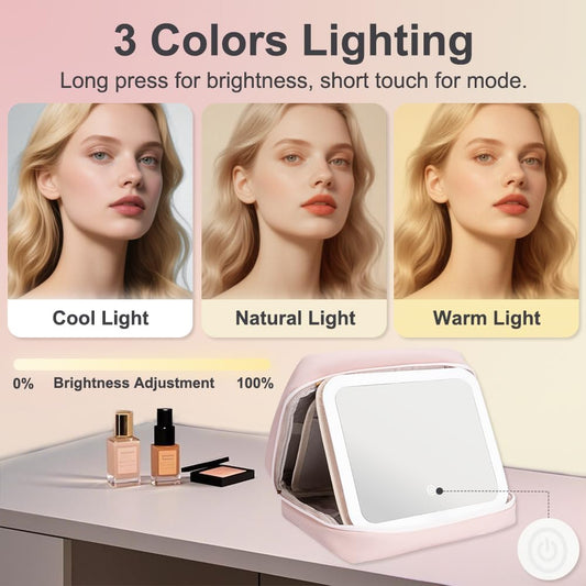 Glint&Glide Travel Makeup Bag with LED Lighted Detachable Mirror, Tri-light Dimmable - Hanging Multi-Compartment Organizer for Women, Portable Cosmetic Case with Four Divided Storage, Pink