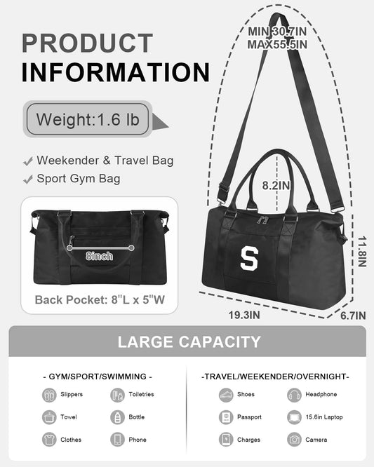 Initial Travel Duffel Bag Sports Gym Bag for Boys Teen Birthday Gifts,Black Personalized Weekender Bag Carry On Tote Bags for Men,Waterproof Overnight Luggage Bag Airplane Travel Essentials(Letter S)