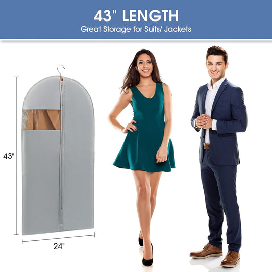 43" Garment Bags for Hanging Clothes, Suit Bags for Closet Storage and Travel, Grey Suit Cover Bags with Clear Window for Coats, Jackets, Shirts (2 Packs)
