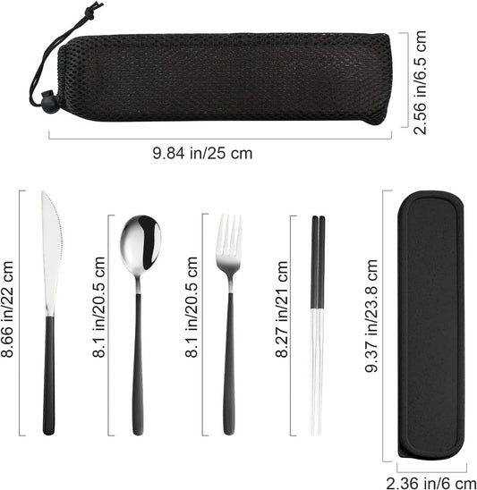 VANRA 4-Piece Portable Travel Utensils Set with Case 18/8 Stainless Steel Flatware Set Reusable Cutlery Set with Fork Spoon Knife Chopstick for Lunch Travel Camping School Work Picnic (Black)