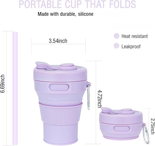 Silicone Collapsible Travel Mug Purple 15oz / 450ml - Leak-Proof Reusable Silicone Water Bottle for Hot and Cold Beverages - Travel Office and Home - Dishwasher Safe - Straw Included