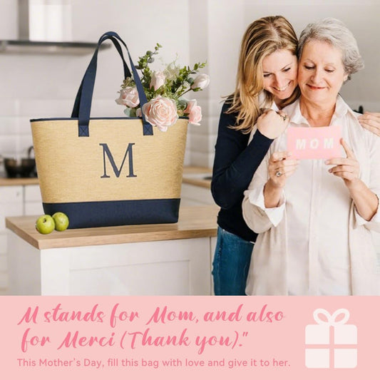 KALIDI Woven Tote Bag for Women, Lightweigh Monogram Beach Bag with Zipper & Sand-Proof Canvas Base, Personalized Gift