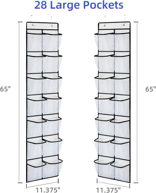 KEEPJOY Over the Door Shoe Organizer, Hanging Shoe Organizer with 4 Hooks, Shoe Holder with 14 Mesh Pockets Closet Door Shoe Storage Bag (White-2Pack)