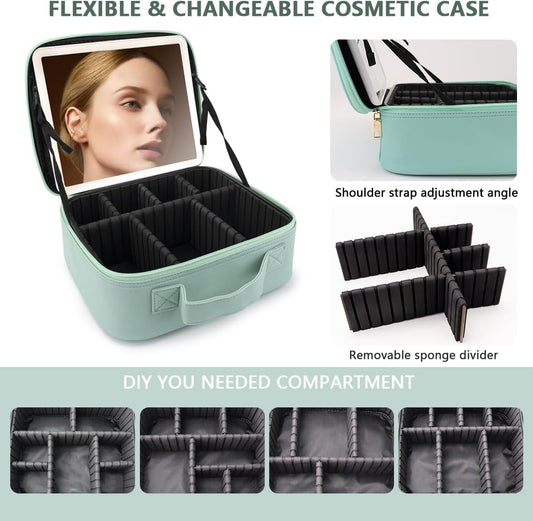 Travel Makeup Bag with LED Lighted Mirror, Travel Makeup Organizer,3 Color Setting Cosmetic Makeup Box, Adjustable Dividers and Brush Holder(light green)