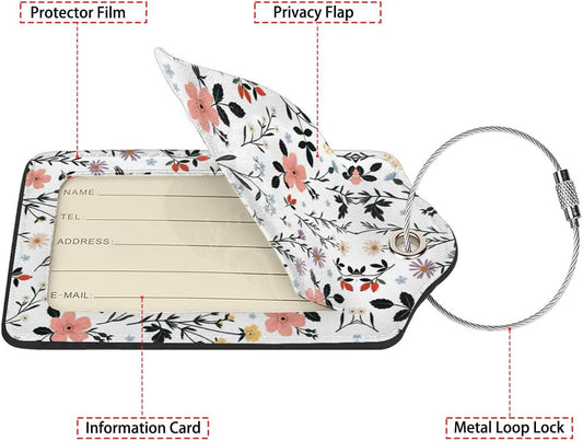 Blooming Flowers Luggage Tags for Suitcases,2 Pack Luggage Tag, Leather Stainless Steel Loop Label Tag for Women Girl Travel Bag Suitcase