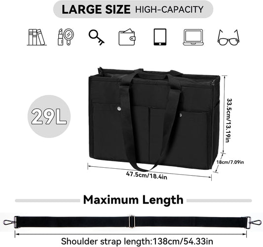Closeable Tote Bag with 12 Pockets,Thick Bottom Support & Adjustable Strap,Water-Resistant