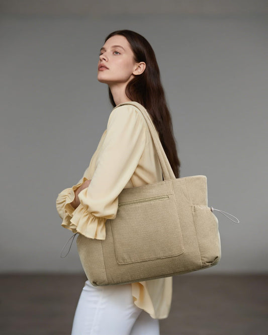 ECOHUB Tote Bag for Women, Work Tote Bags with Laptop Compartment, Large Corduroy Tote Bag with Stanley Cup Holder