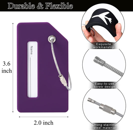 6 Pack Silicone Luggage Tag for Suitcases with Stainless Loop, Privacy Protection Travel Bag Tags Perfect to Quickly Spot Baggage Handbag (Dark Purple)