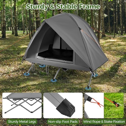 Tangkula 2 Person Tent Cot, Portable Off Ground Elevated Camping Tent with Cot, Removable Rainfly, Wheeled Bag, Stakes & Wind Ropes for Beach, Picnic, Hiking, Travel