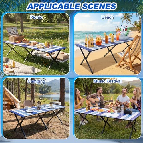 CroBlissful Beach Table Folding Camping Portable Table Striped White Aluminum Side with Carry Bag for Summer Camping Picnics and Outdoor Activities(48x24x18 in,Navy Blue)