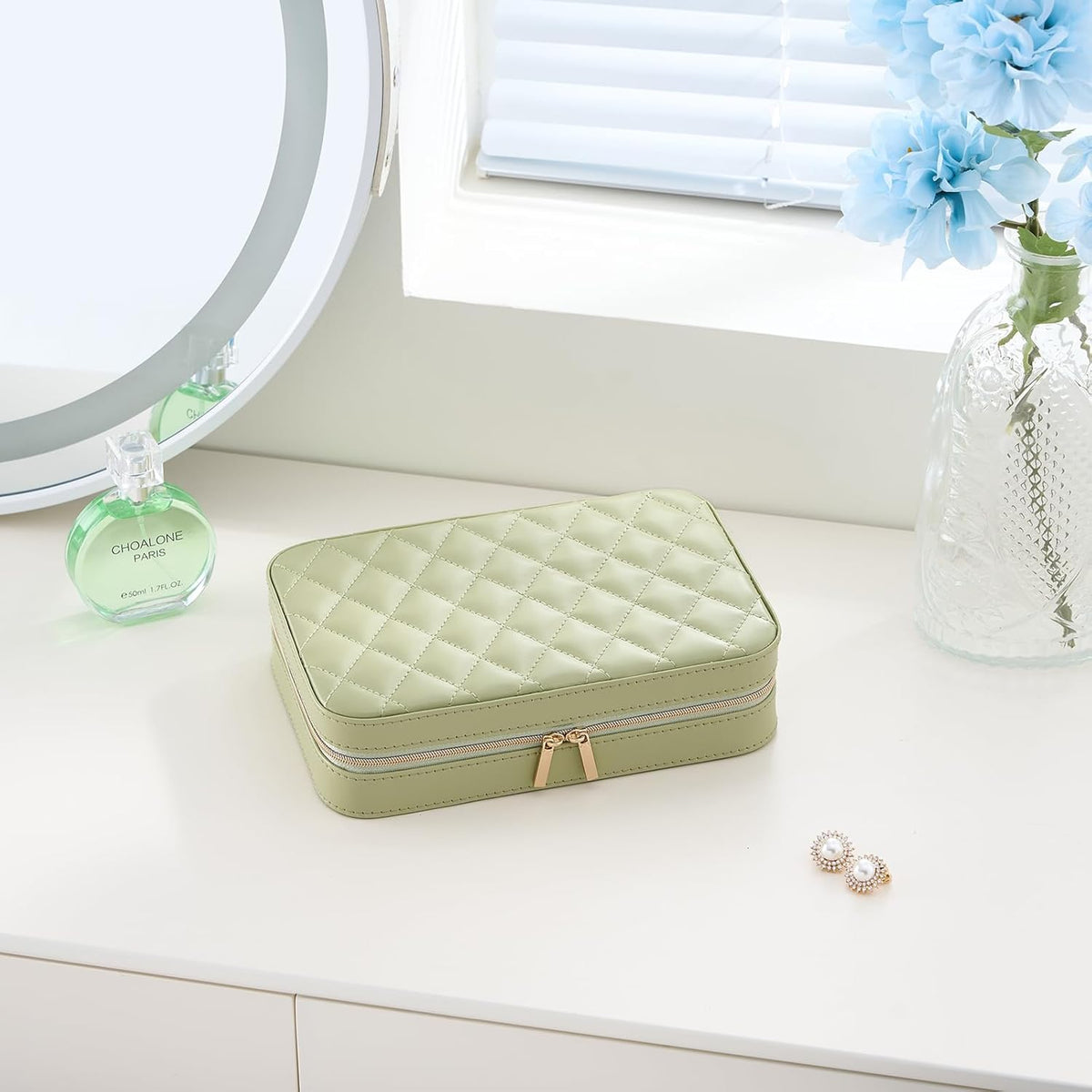 Lolalet Travel Jewelry Case for Women, Travel Jewelry Organizer Box with Mirror & Clear Storage Bag, Small Portable Traveling Earring Necklace Bracelet Ring Case, Bridesmaid Gifts -Medium, Green