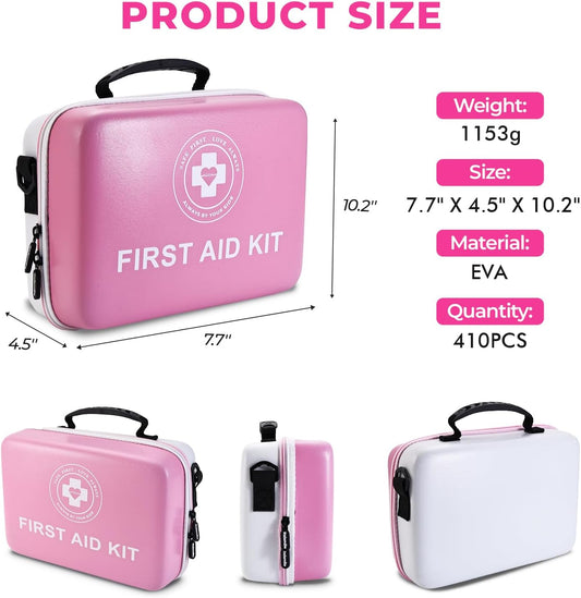 Large First Aid Kit - 410 Piece Dual-Color Emergency Kit with Hard Shell,Professional Survival Kit for Home, Car, Travel, Hiking & Outdoor(Pink/White)