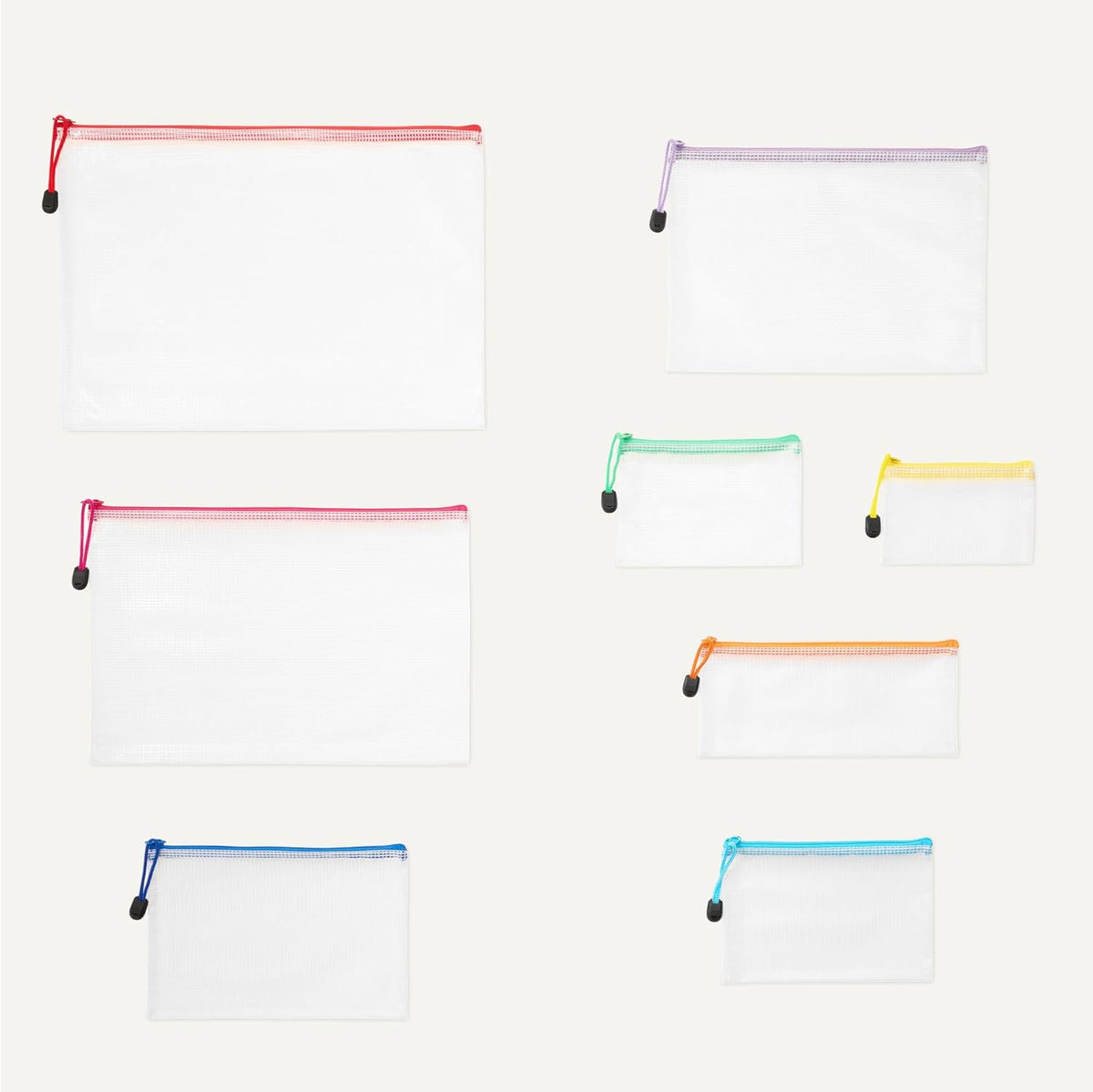 Amazon Basics 30-Pack Mesh Zipper Pouch Bags, 8 Sizes Waterproof Storage Organizers with Zipper, Multipurpose Clear Travel Document Bags for Office Home School Organization (8 Assorted Colors)
